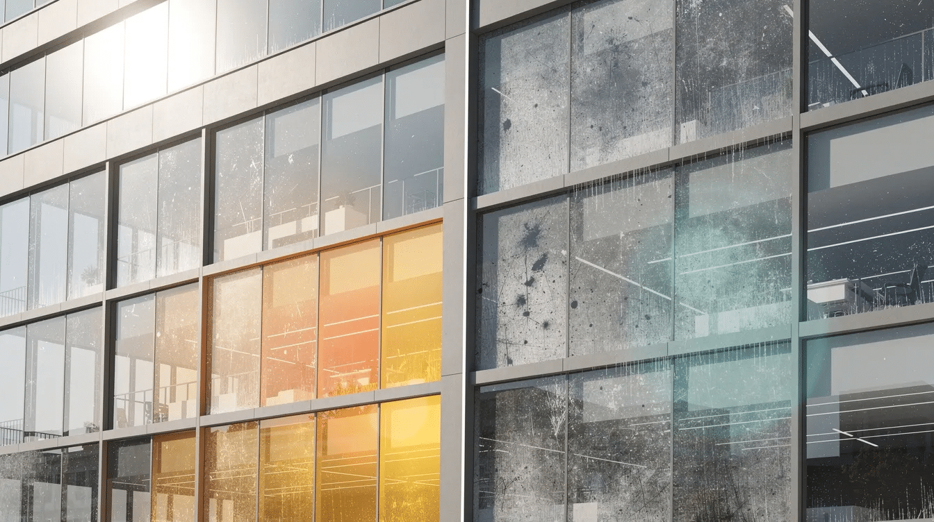 The image shows a pair of dirty windows that significantly reduce solar heat gain, affecting energy efficiency and increasing energy costs. Accumulated dirt blocks sunlight, which can lead to higher energy bills and a less comfortable indoor environment.
